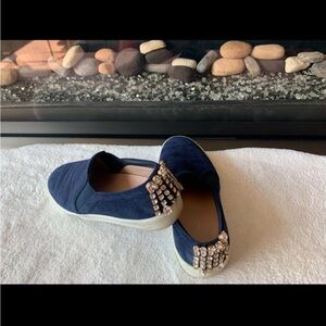 Stuart Weitzman Navy Blue Embellished Slip ons
